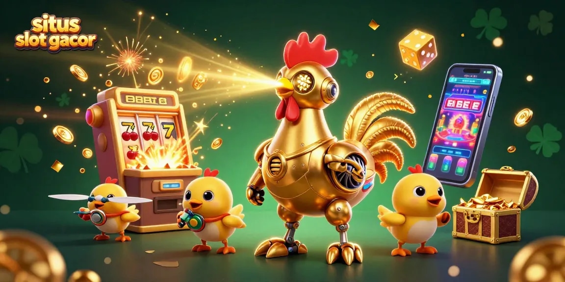 Experience the excitement of situs slot gacor with a 3D retro-futuristic scene of a golden rooster robot and slot machines.