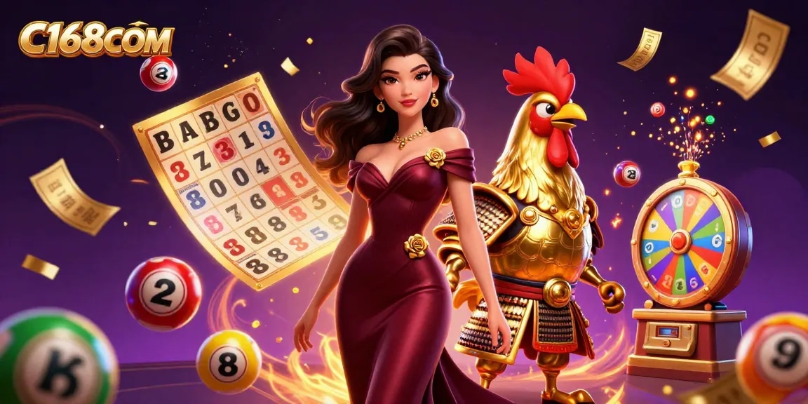 C168COM offers vibrant lottery gaming with a glamorous woman and golden rooster warrior in a rich casino illustration.