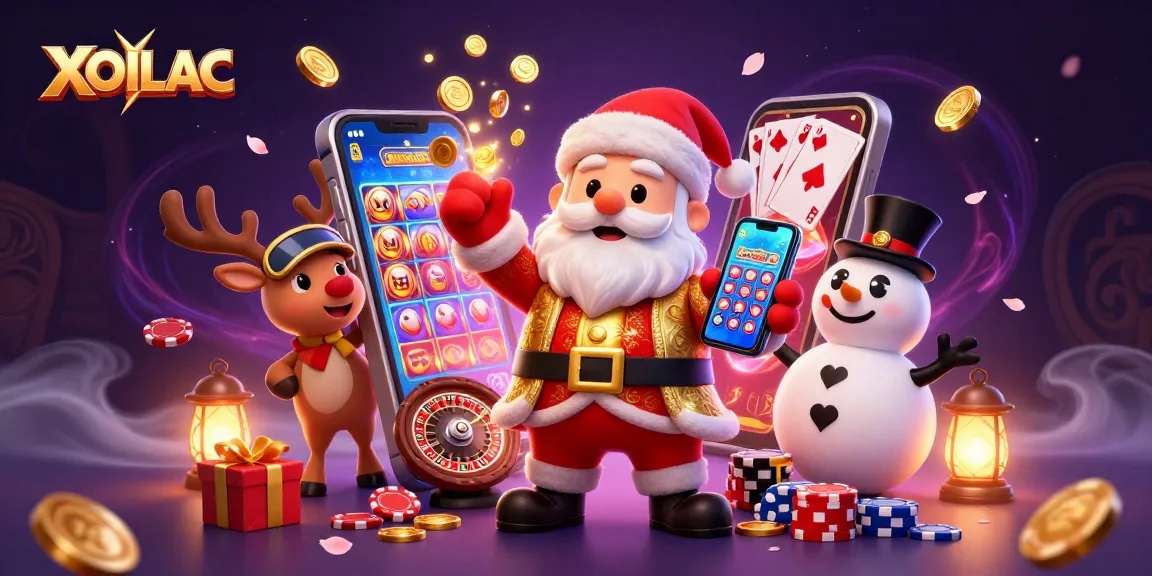 Experience excitement with XOILAC as Santa celebrates jackpot wins in a vibrant casino scene.