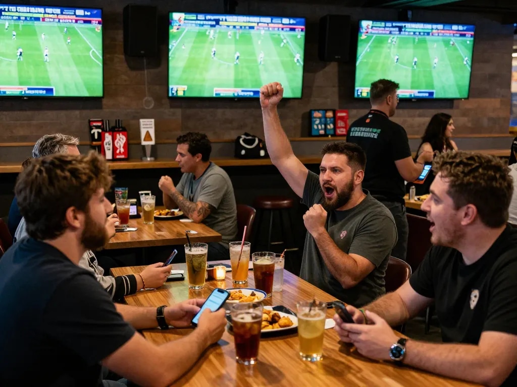 Patrons celebrating and placing bets at a lively sports betting area, highlighting Kèo Nhà Cái 5