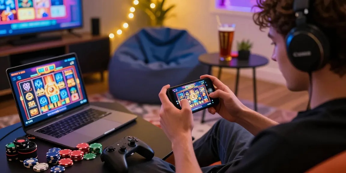 Player enjoying a slots game with deposit tanpa minimal on smartphone amidst vibrant gaming elements.