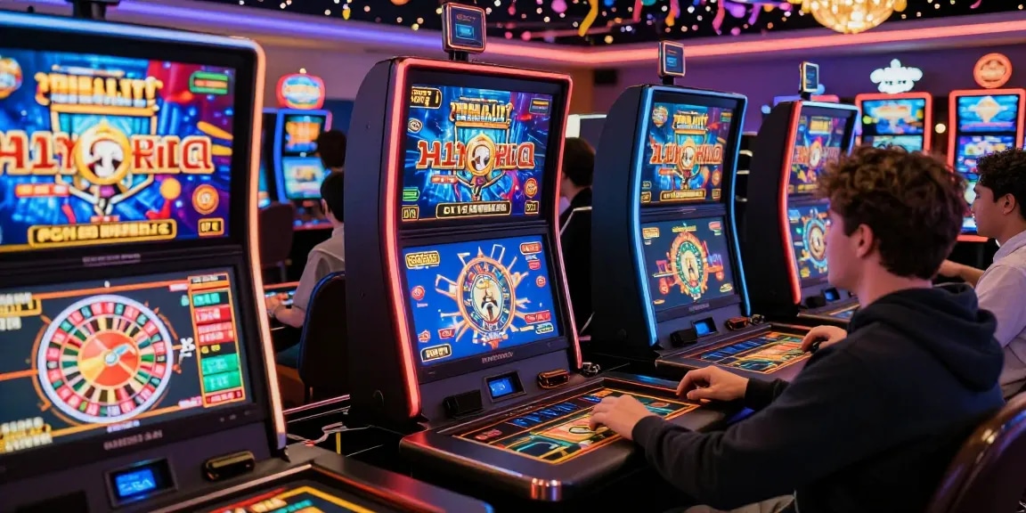 Scena entusiasmante di giocatori impegnati nel gioco del casino online non AAMS, che mostra giochi vivaci e un'atmosfera festosa.