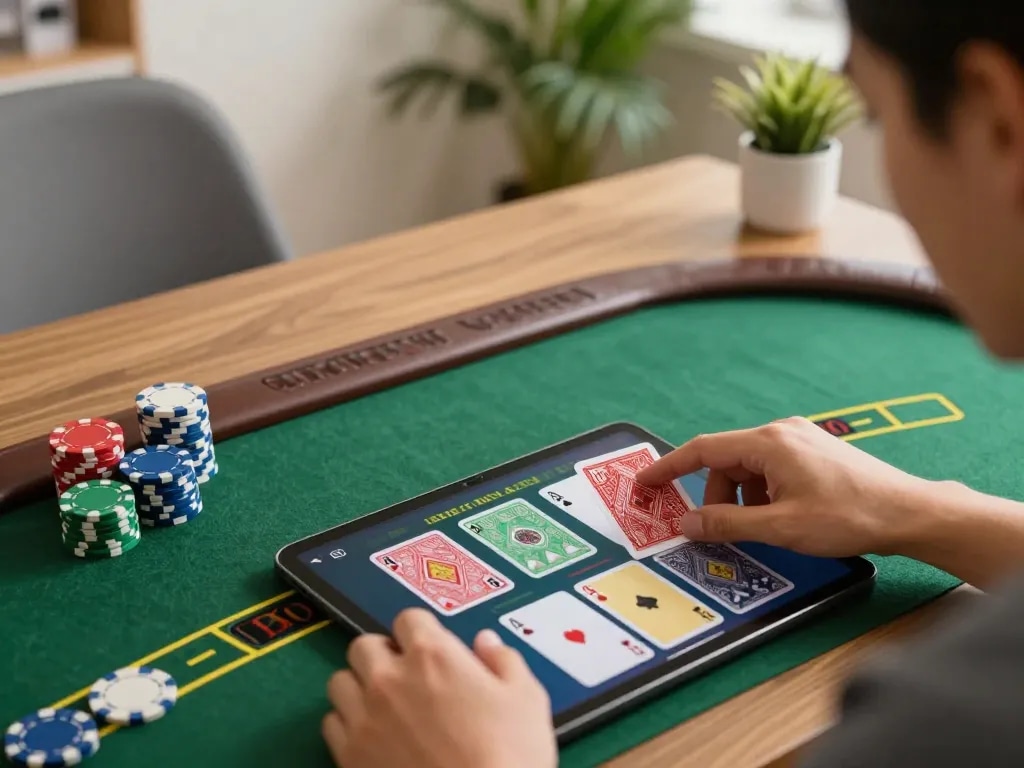 Engaged player enjoying live dealer blackjack on a tablet while using the o8 platform at home.