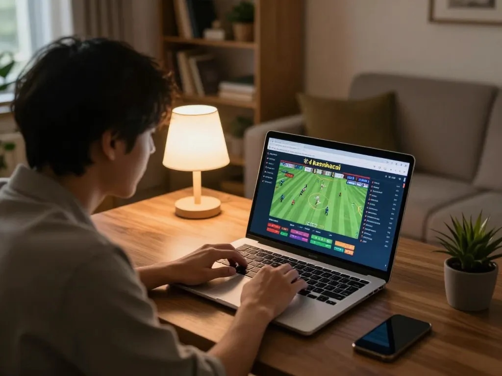 Player engaging in sports betting on keonhacaii with live match statistics visible on laptop screen