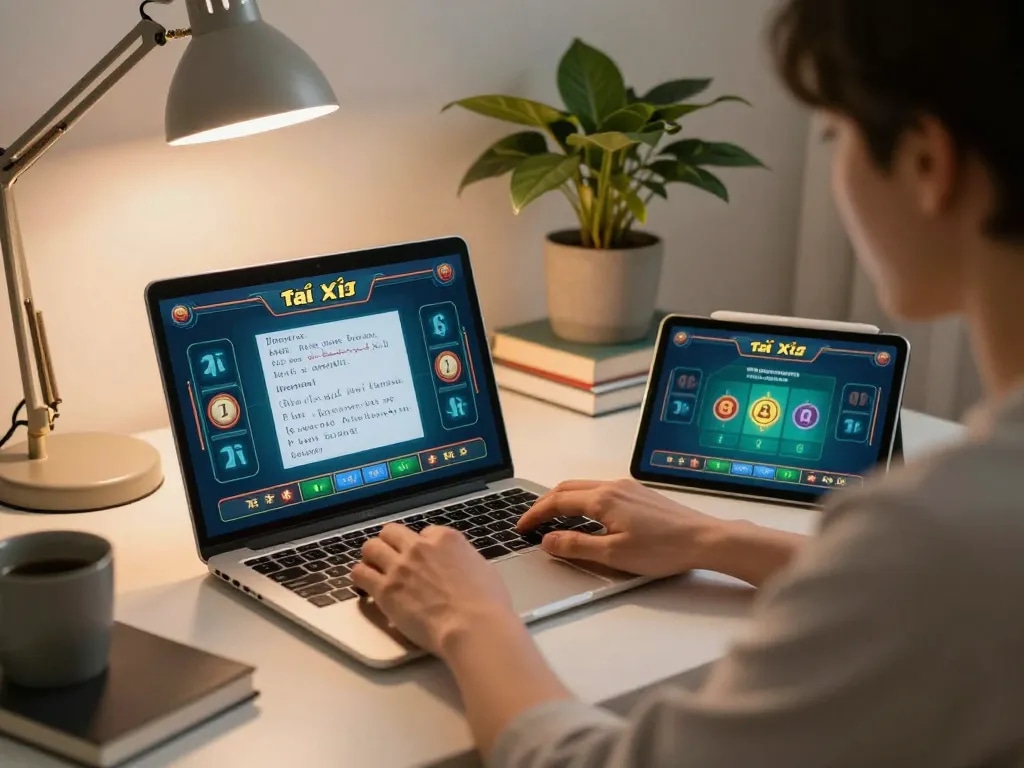 Tài xỉu online gameplay from a cozy home office, showcasing betting strategy and engagement.