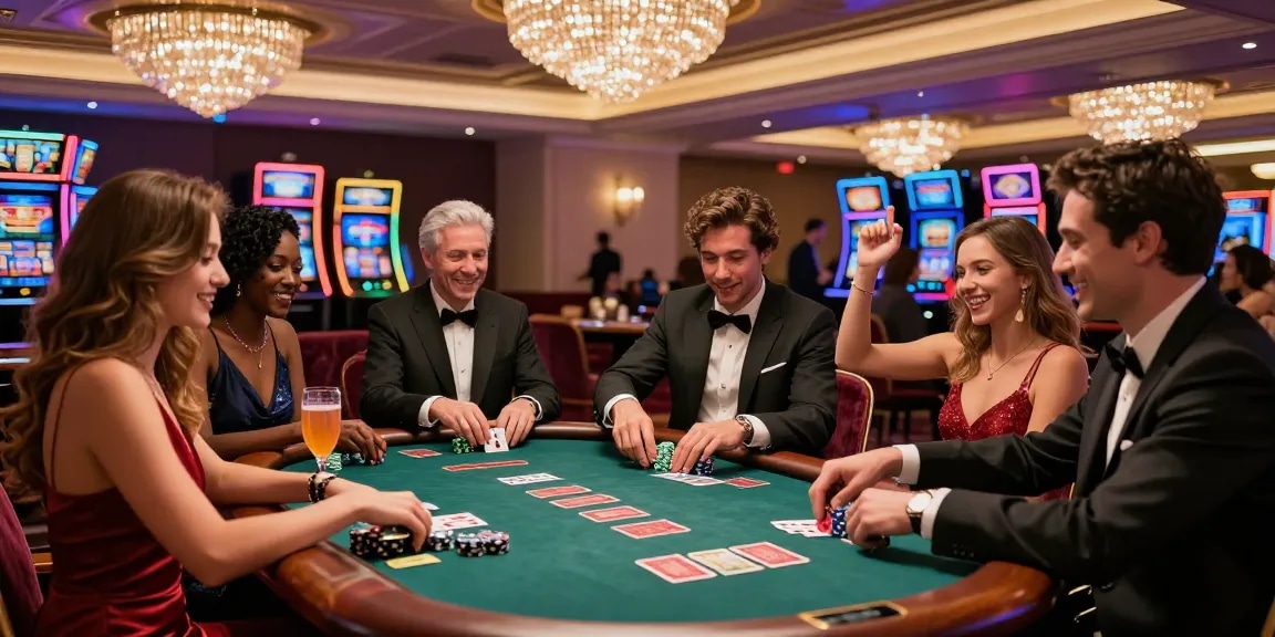 Exciting game night at a luxurious Iwin casino with friends enjoying card games.