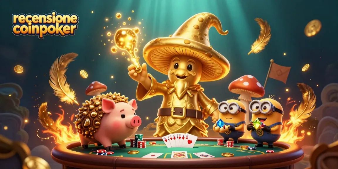 Recensione CoinPoker con un mago fungo e minions che scovano tesori al tavolo di poker.