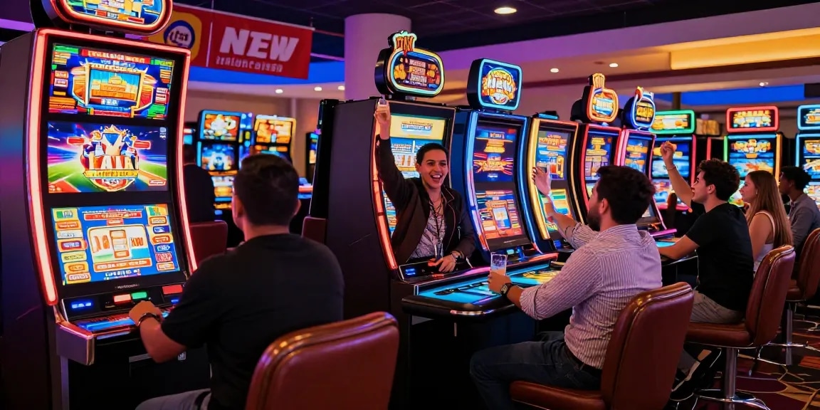 Exciting casino pin up scene in Paraguay with players at retro slot machines and vibrant atmosphere.