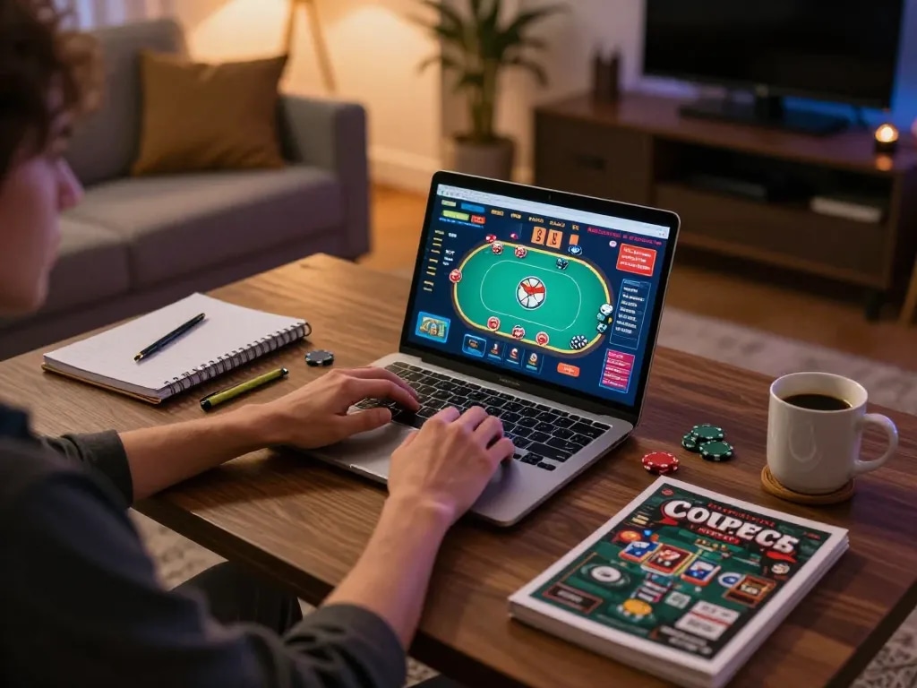 Engaging moment of a user playing on FA88VN with strategic notes in a cozy home setup.
