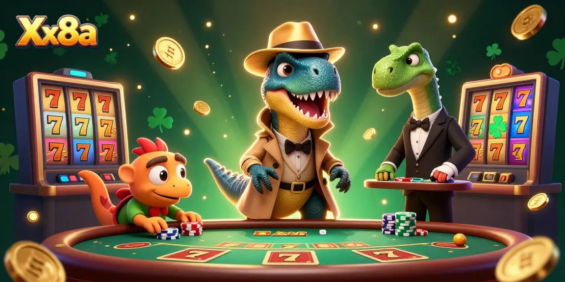 Experience thrilling action with Xx8a, showcasing cartoon characters engaged in a lively blackjack scene filled with casino elements.