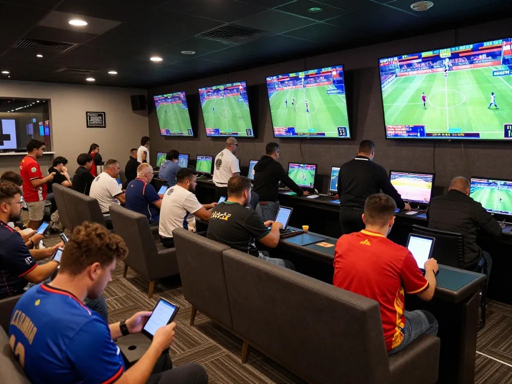Engaging sports betting scene with enthusiastic fans using kèo nhà cái for live game analysis.