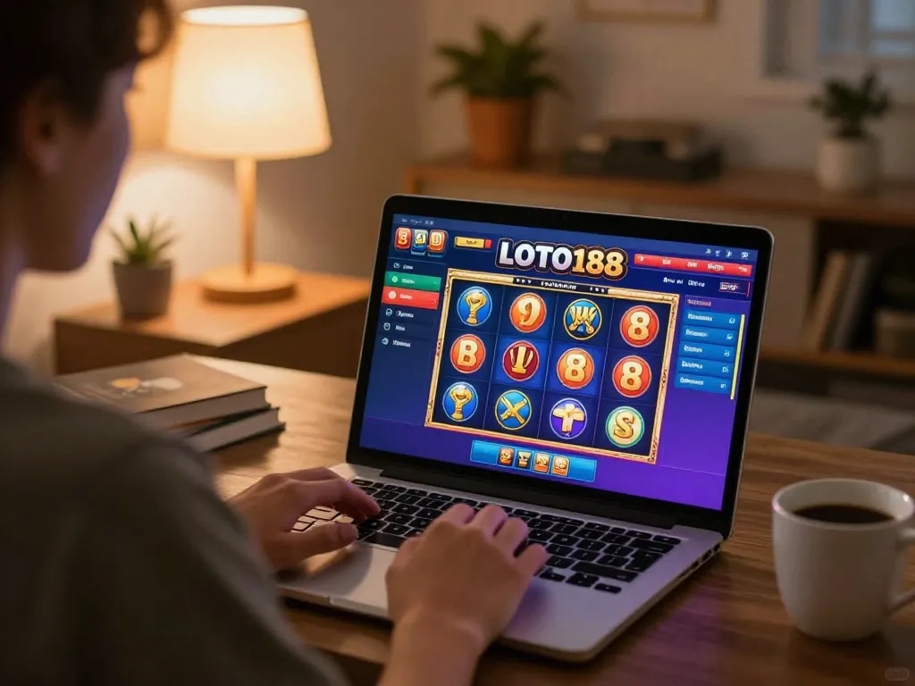 Engaging in online gaming at LOTO188 SO, a player focused on colorful slot gameplay in a cozy home