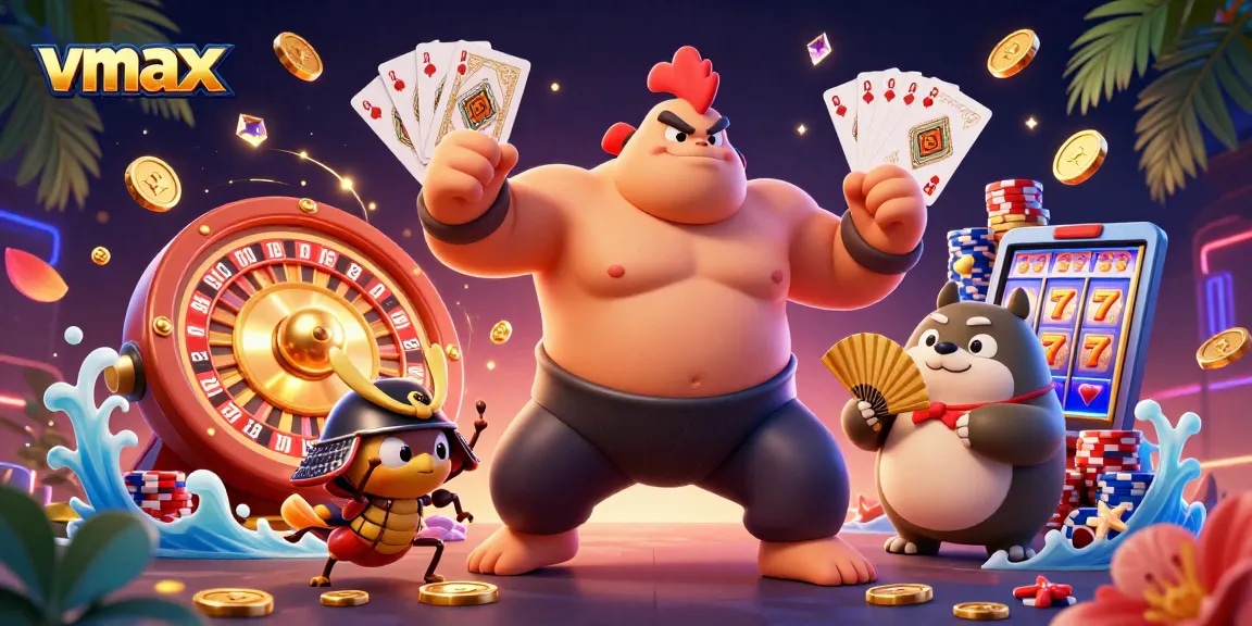 Join the adventure at vmax with a powerful rooster wrestler, samurai cricket, and colorful casino elements.