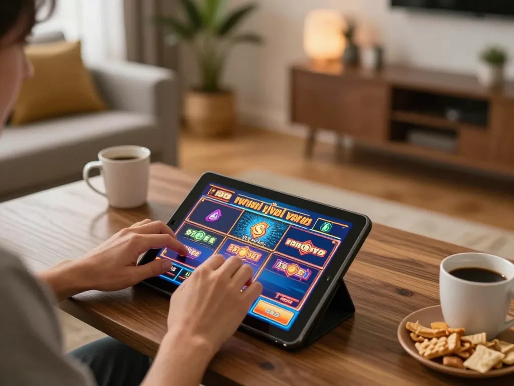 Online gambler enjoying slot games on a tablet at home, showcasing 789 engagement and fun.