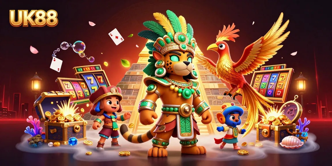 Experience the excitement of UK88 with vibrant 3D illustration featuring slots and jackpots.