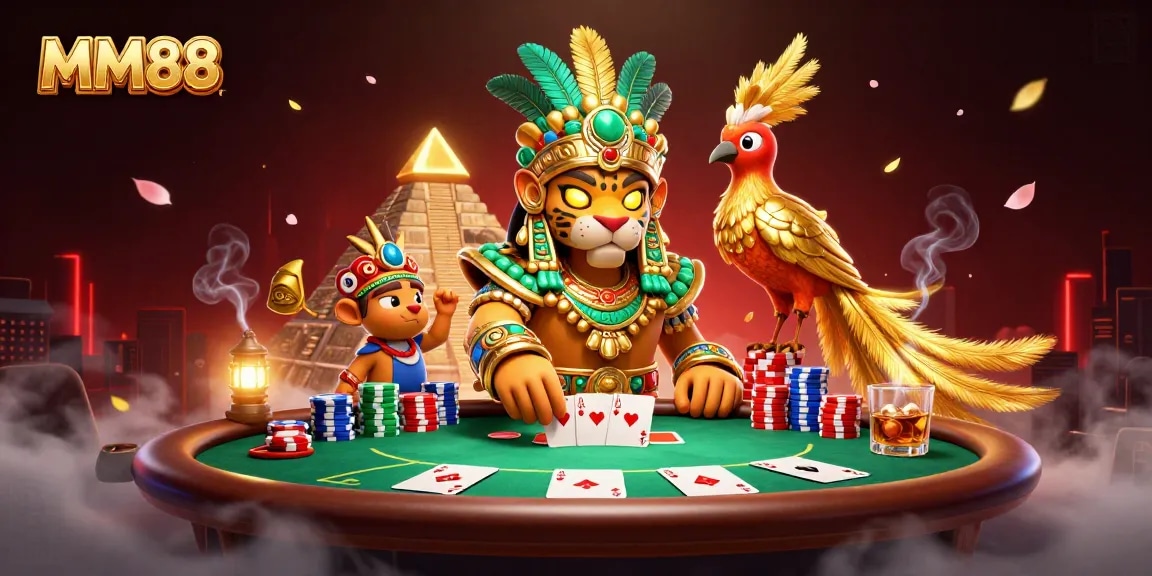 Experience thrilling moments with MM88's captivating casino scene featuring dynamic poker elements and vibrant characters.