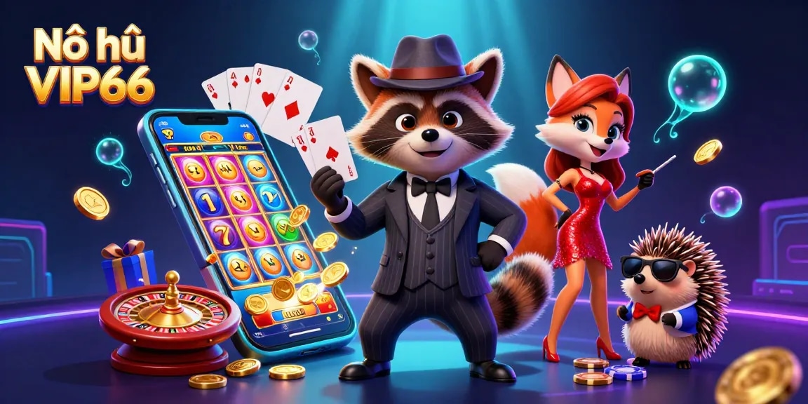 Engage in Nổ hũ VIP66 with a charming raccoon, fox, and hedgehog surrounded by animated slots and rewards.