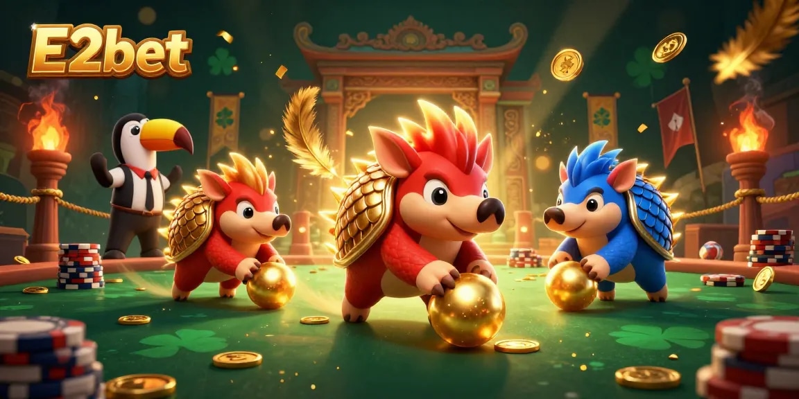 Experience thrilling action at E2bet, where rival pangolins battle through poker chips in a vibrant casino setting.