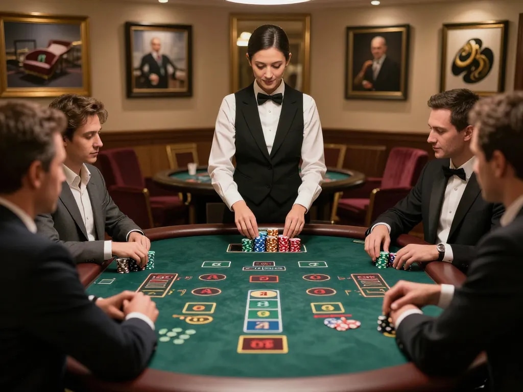 Casino en ligne français avec des joueurs qui élaborent des stratégies et placent des paris à une table de blackjack.