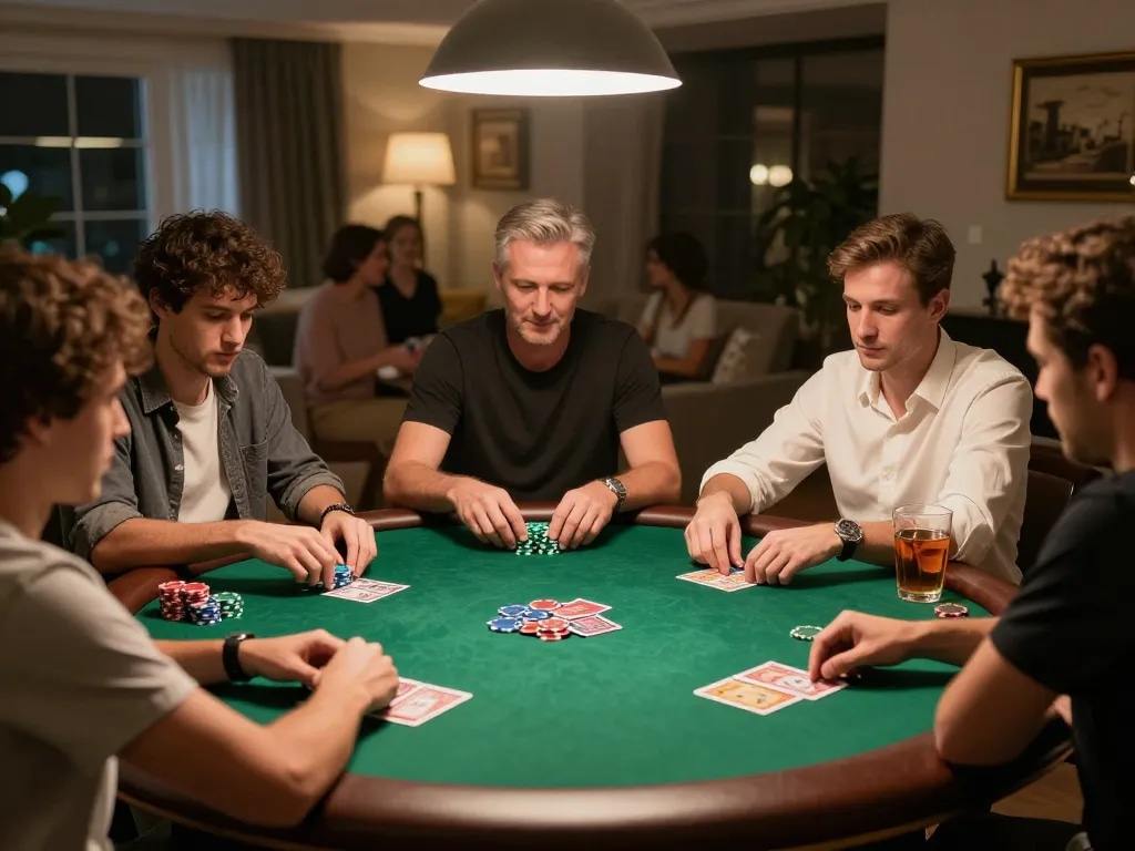 Join friends for an engaging poker night at home with 11win, showcasing strategy and fun.