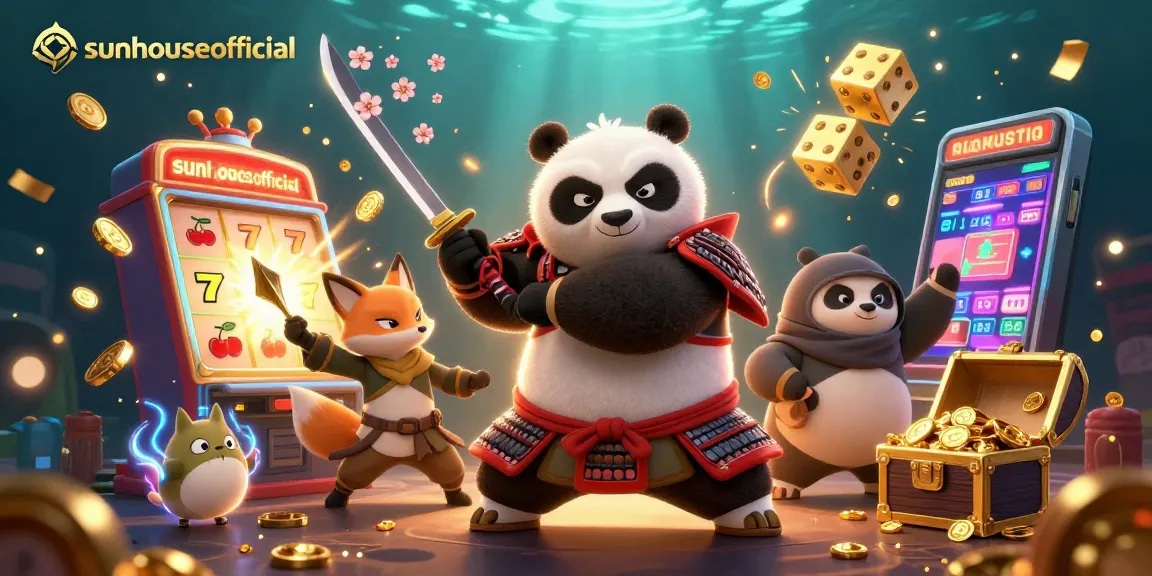 Watch as the samurai panda and fox companion spin the slots on sunhouseofficial for a jackpot win!