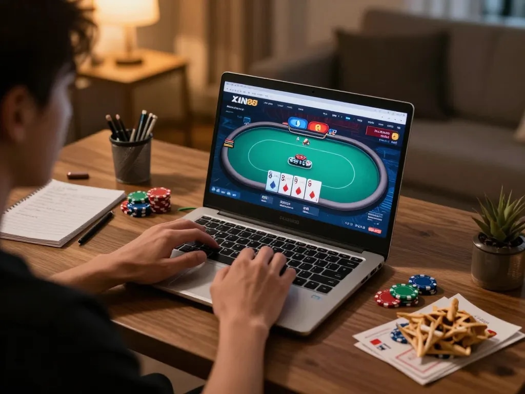 Enjoying poker gameplay on the Xin88 platform with a laptop setup and personal notes in cozy surroundings.
