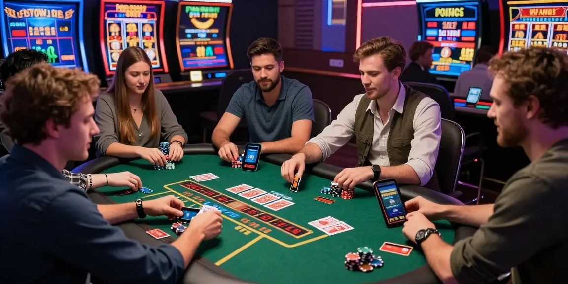 Engaging scene at credit card casinos with players enjoying various games, colorful graphics, and dynamic ambiance.