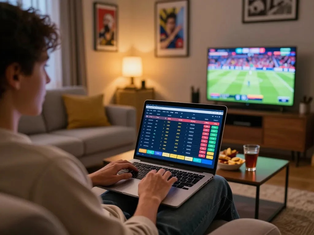 Engaging in online sports betting with keonhacaii at home, showcasing betting odds and a lively atmosphere.
