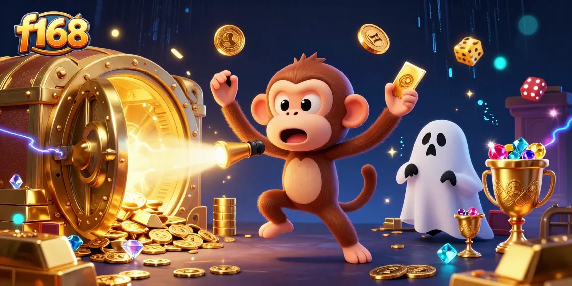 Experience thrilling gameplay at f168, featuring a poltergeist monkey juggling shimmering casino treasures in a haunted environment.