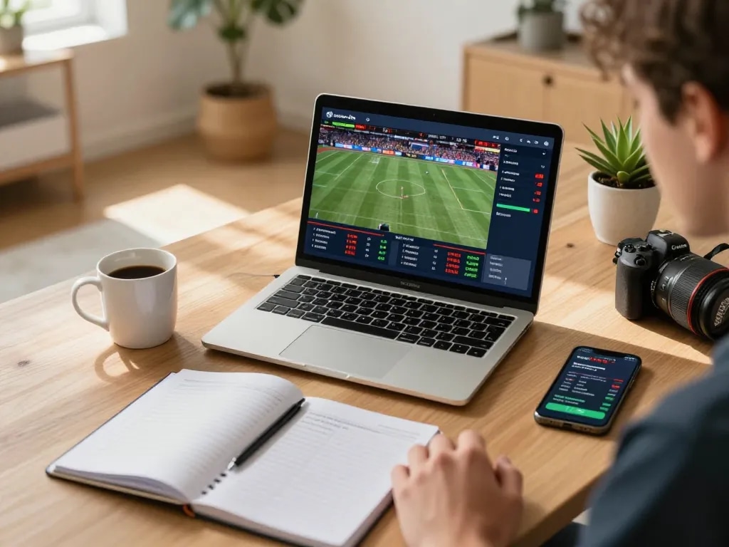 TOPBET sports betting in action, with a user engaged in online wagering at home, showcasing excitement and strategy.