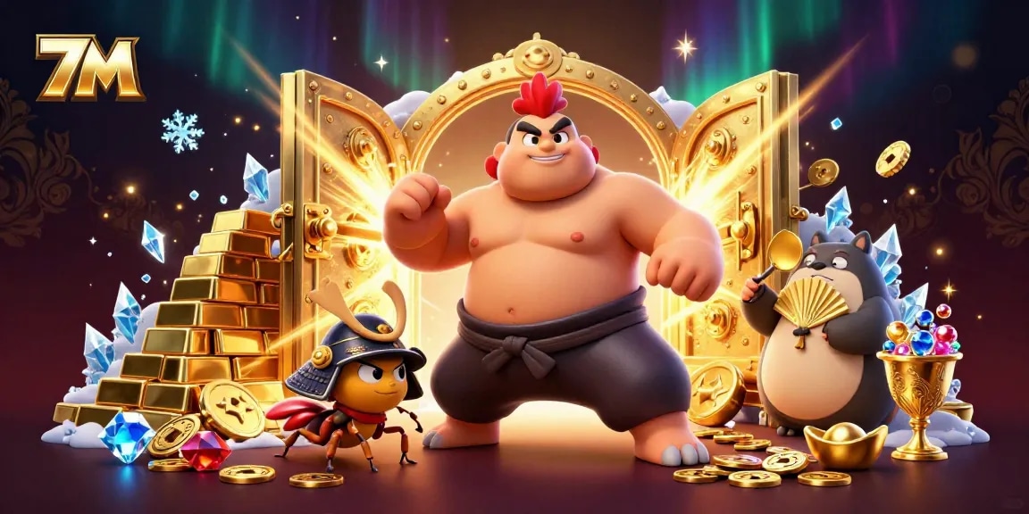 Experience thrilling action with 7M gaming as a giant sumo wrestler and samurai cricket battle in a treasure-filled casino.