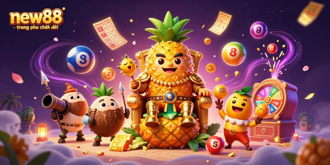 Engage with new88 - trang chủ chính thức through a vibrant casino scene showcasing a golden pineapple king surrounded by dynamic gaming elements.