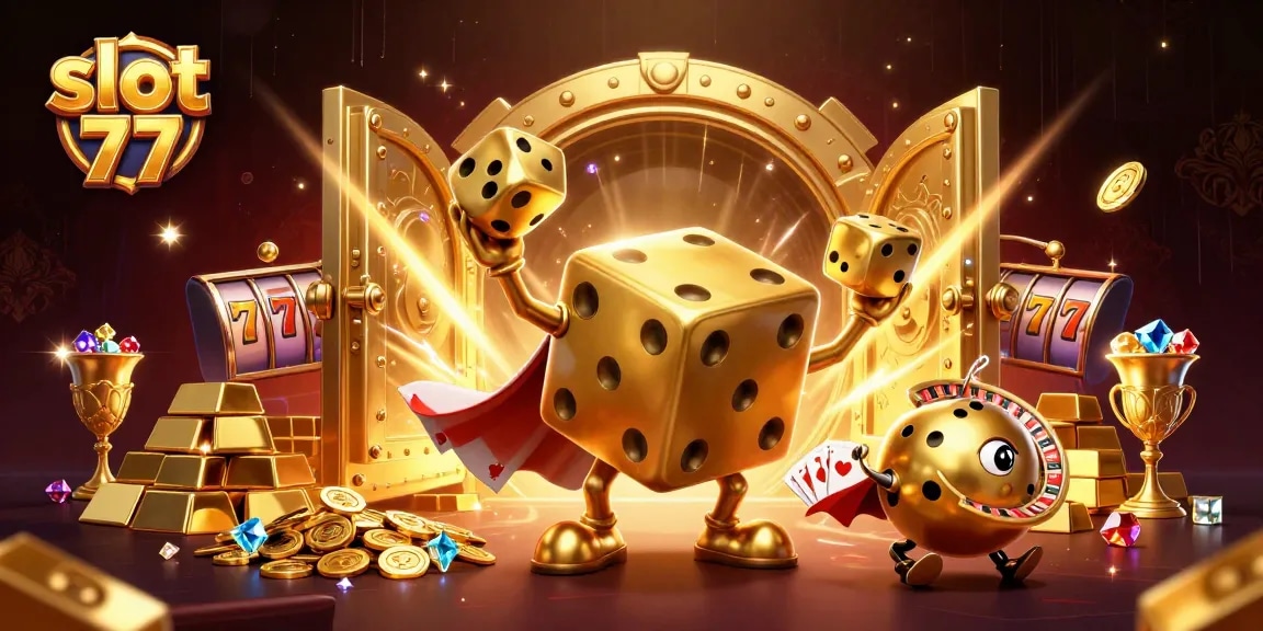 Experience thrilling wins with slot 77 in a vibrant casino atmosphere of golden dice and riches.