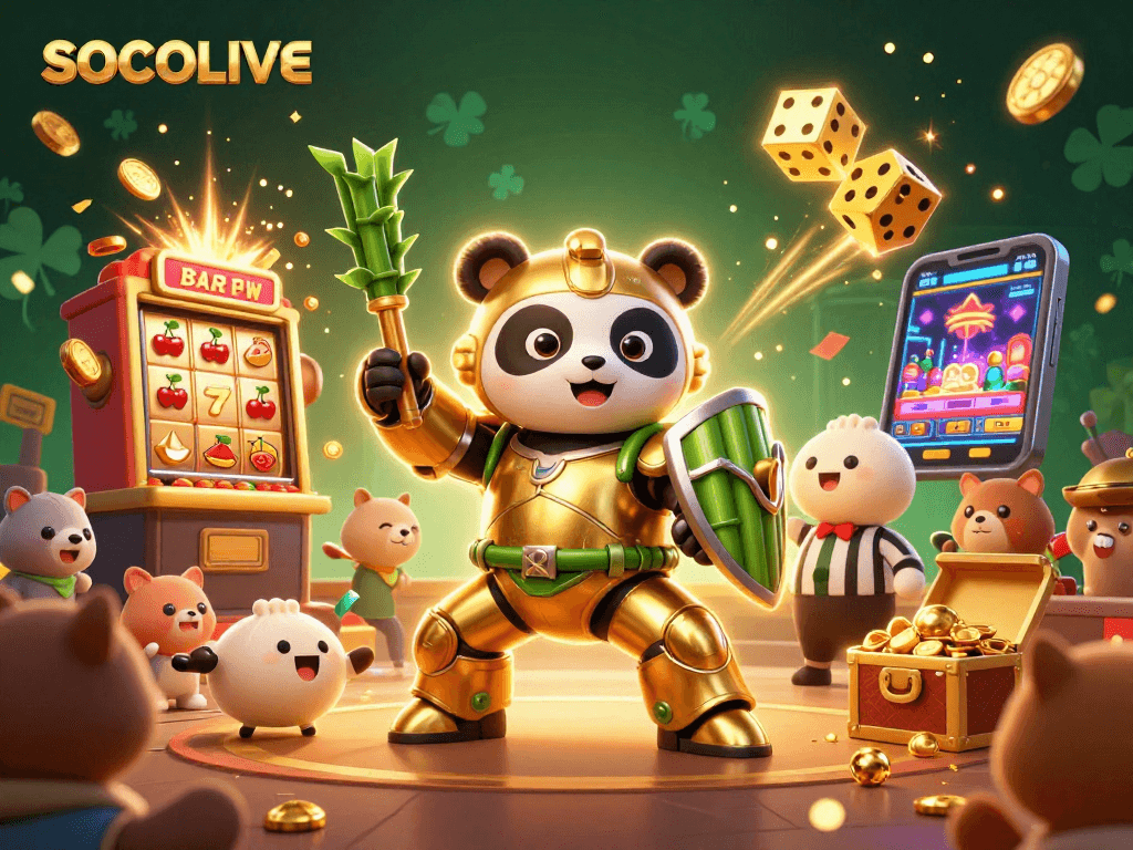 SOCOLIVE showcases an exciting scene of a golden panda in mech-suit battling amidst a vibrant casino backdrop.