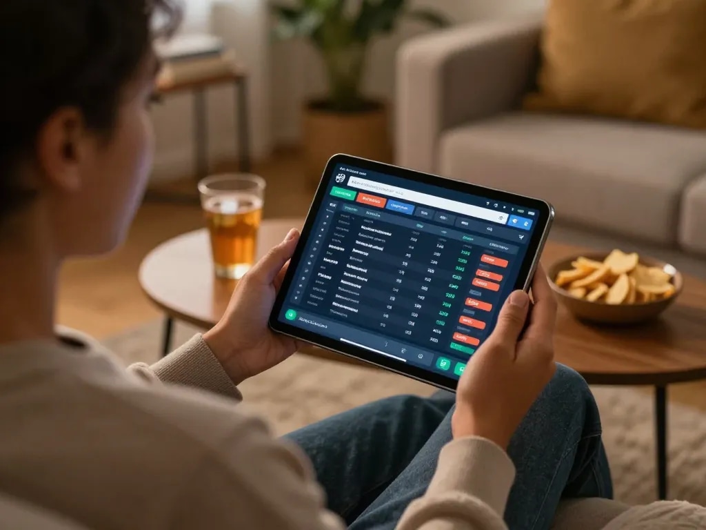 Engaging in sports betting using qq8827 app on tablet in cozy living room.