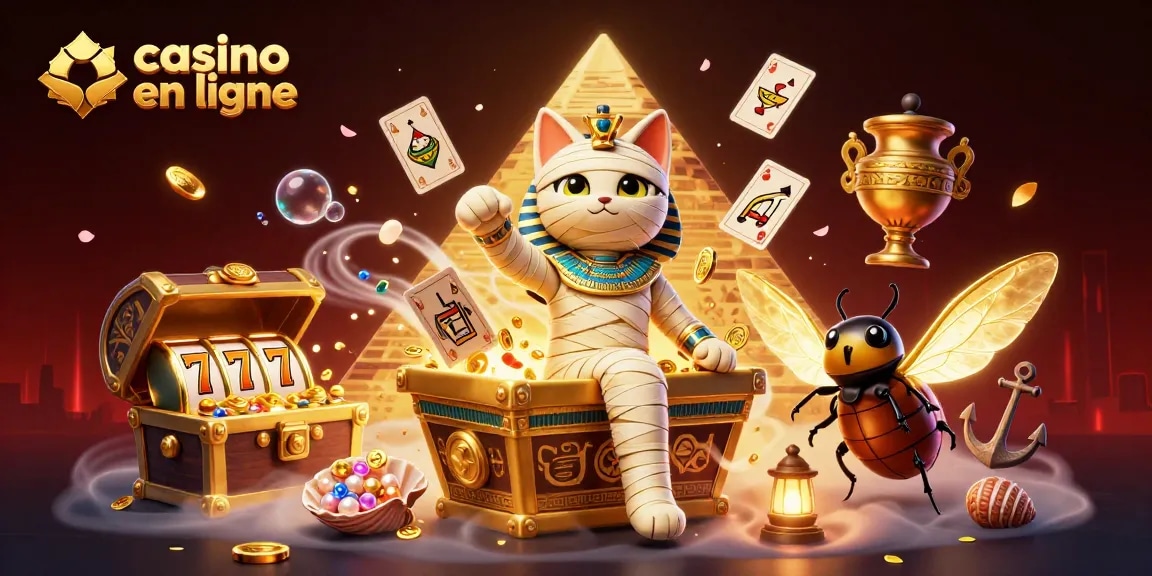 Découvrez le casino en ligne avec un chat momie égyptien et des éléments ludiques dans un casino coloré.