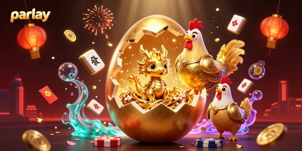 Experience thrilling parlay betting with golden dragon treasures nestled in poker chips amidst vibrant casino elements.