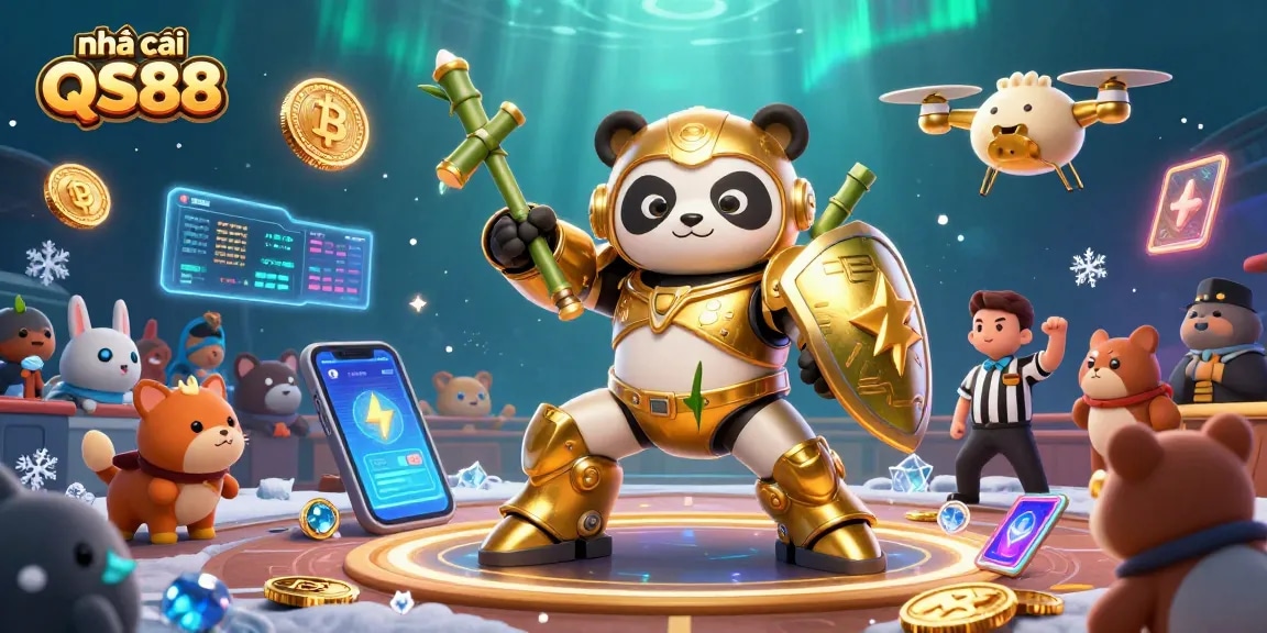 Experience thrilling gameplay at nhà cái QS88 with a dynamic scene of cartoon characters amidst crypto and casino elements.
