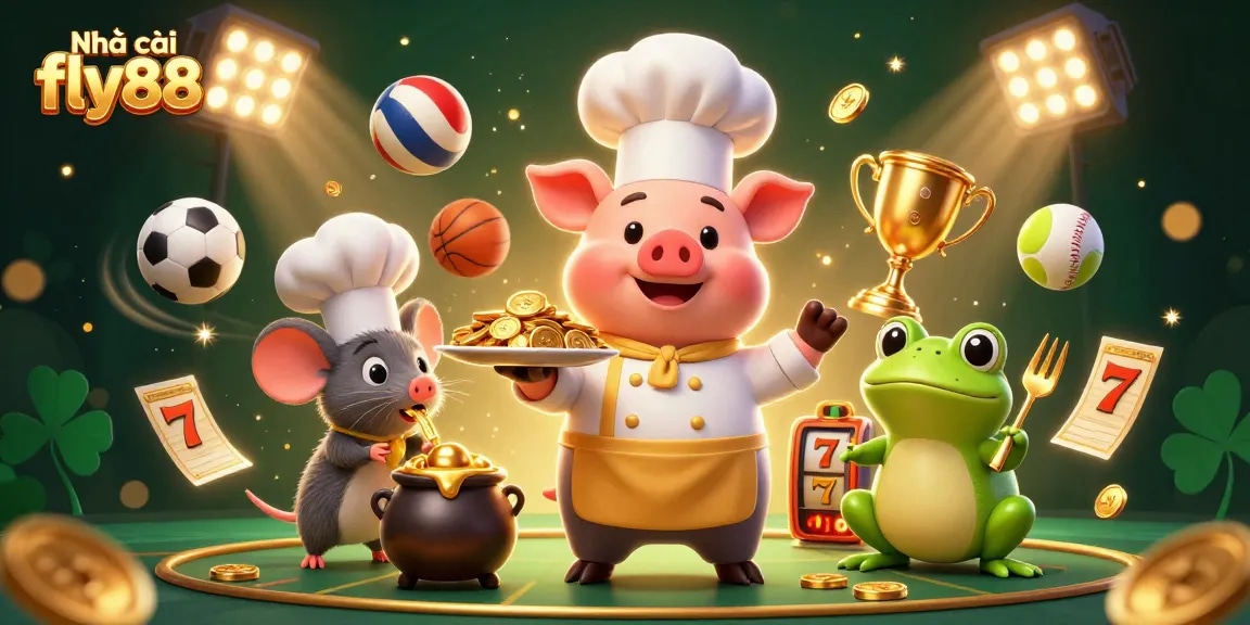 Nhà cái fly88 showcases a vibrant scene of a chef pig serving gold coins, highlighting the excitement of online gambling.