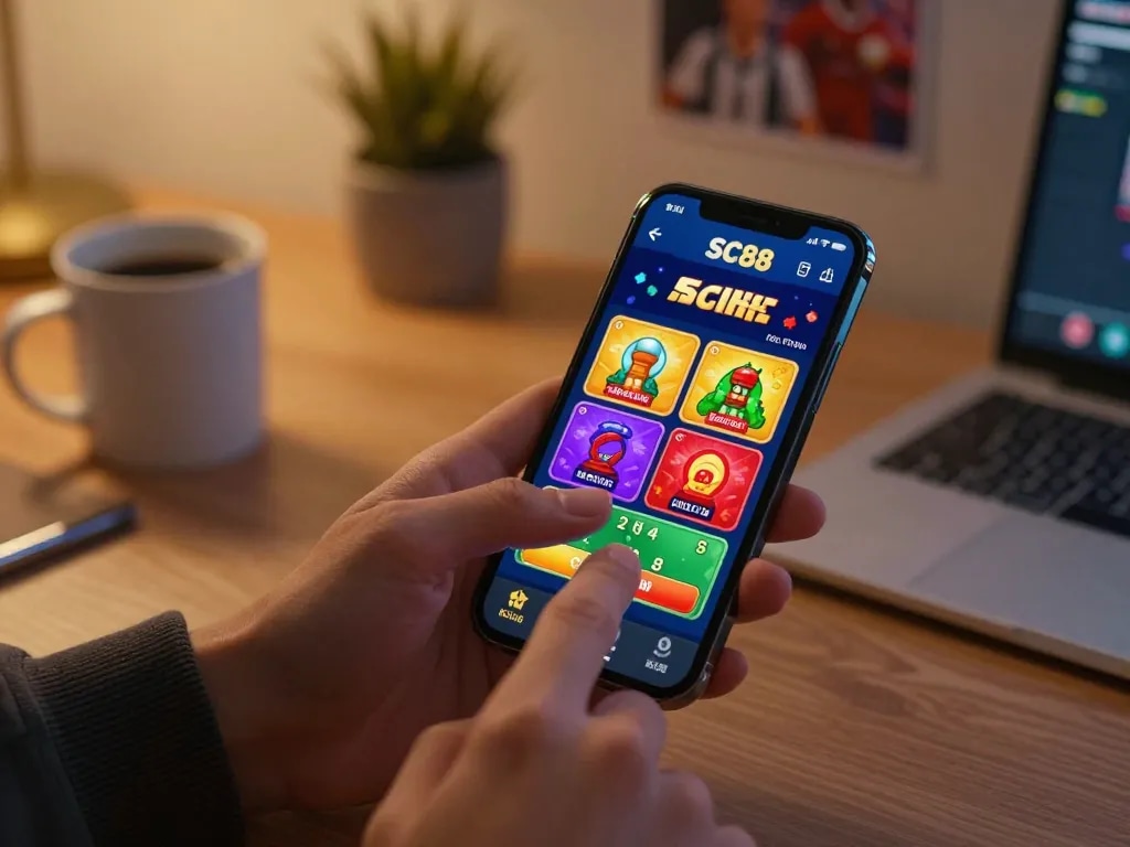 Playing SC88 casino games on a smartphone app in a cozy home setting.