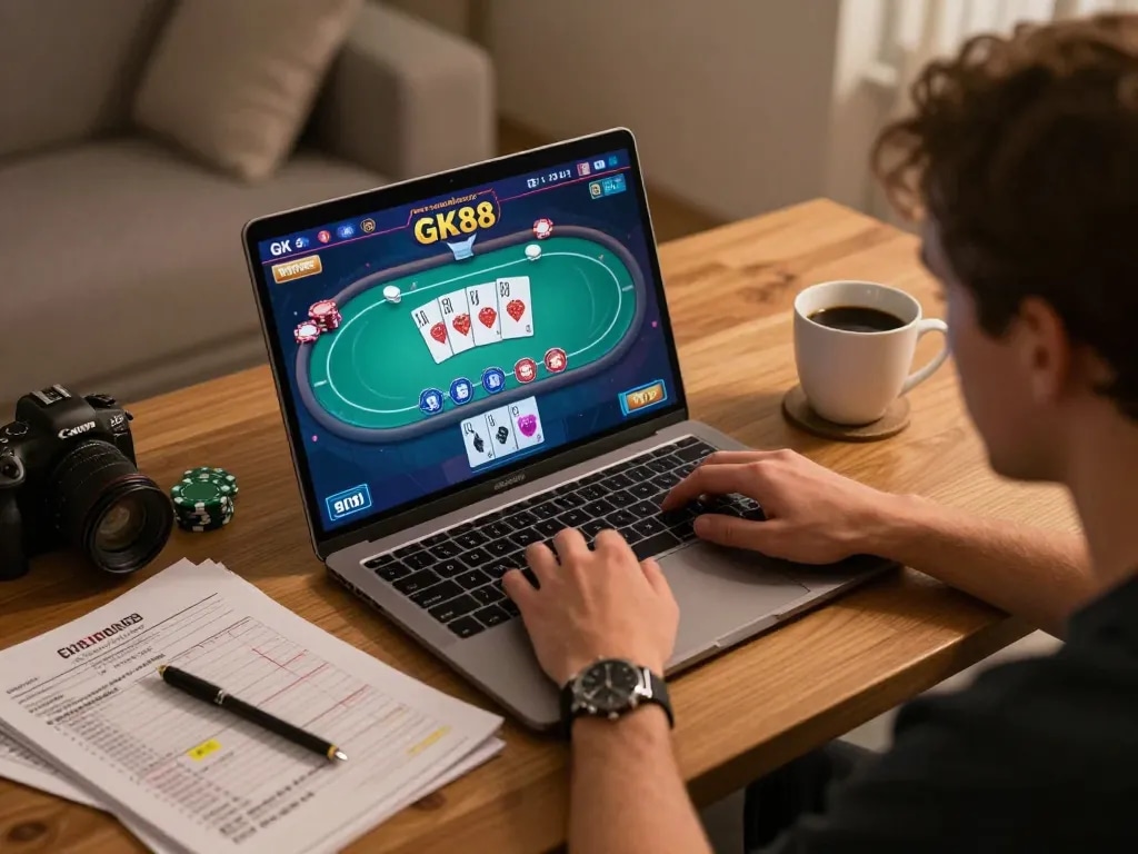Engaging with GK88 for strategic online poker gameplay at home with immersive laptop setup