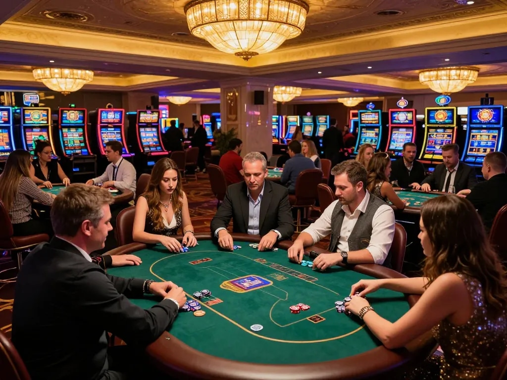 Players at 8day casino engaged in intense poker gameplay with colorful slot machines in the background