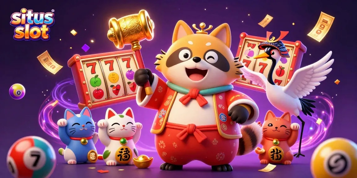 Celebrate winning at situs slot with cheerful tanuki and vibrant lottery elements in a magical casino scene.