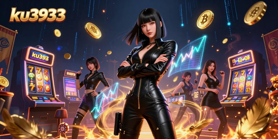 Engage with ku3933 in a vibrant casino setting showcasing slot machines and neon Bitcoin coins.