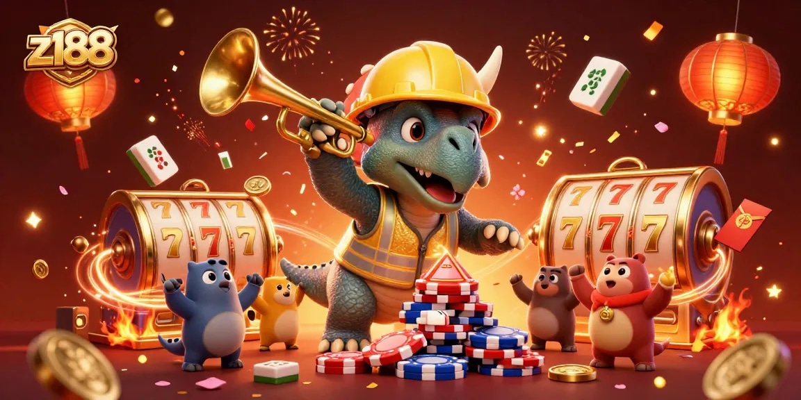 Celebrate at z188 with cartoon dinosaurs stacking poker chips amidst fireworks and vibrant game elements.