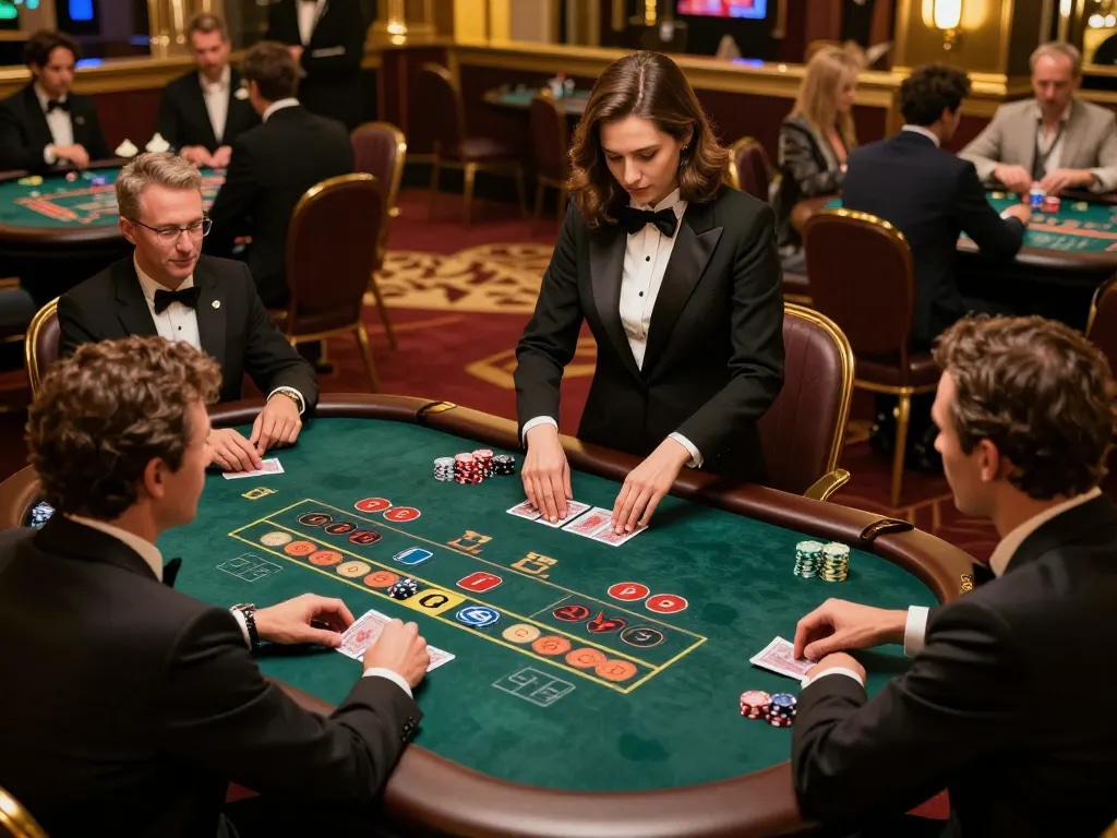Players strategically betting at net88 baccarat table in an upscale casino atmosphere.