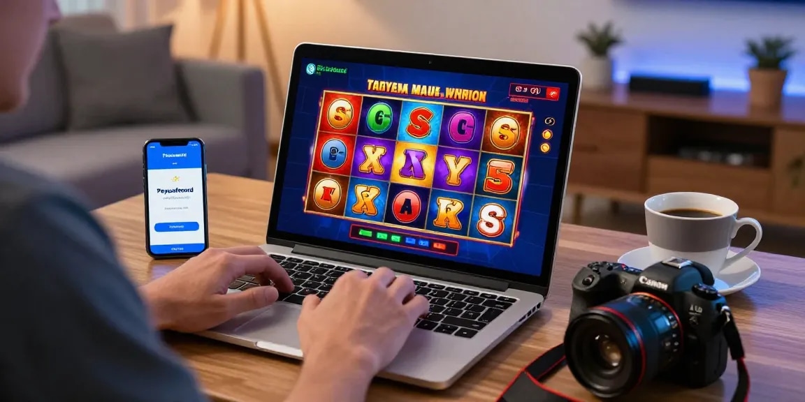 Spieler genießt ein Paysafe Card Casino-Erlebnis mit Laptop und Paysafecard-App auf dem Smartphone.