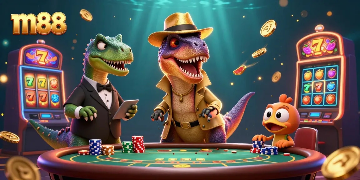 m88 slot game featuring a velociraptor card counter, stegosaurus pit boss, and compy pickpocket.