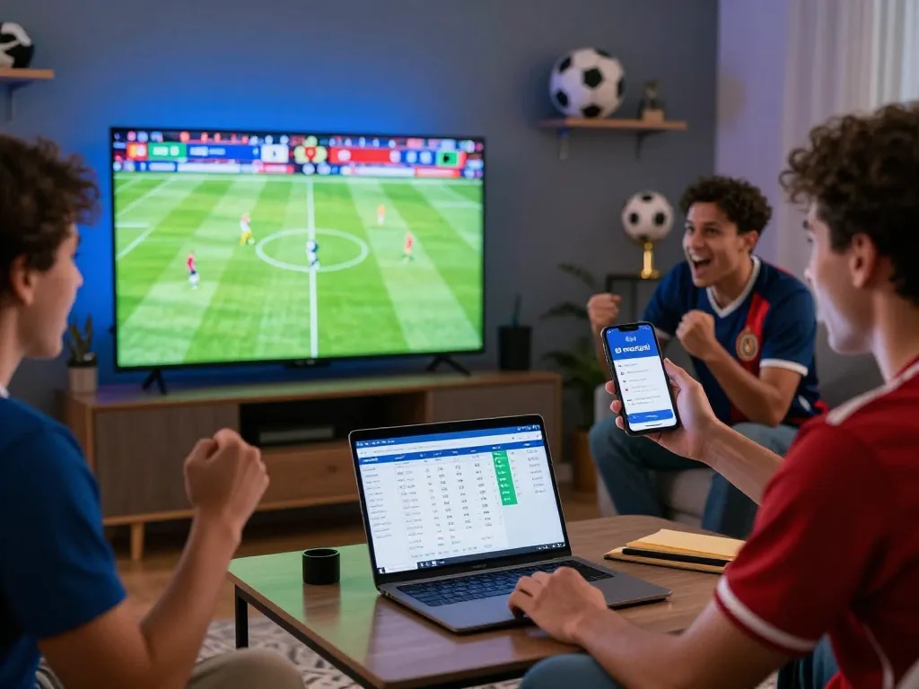 Engaging football fan using nowgoal for live scores and betting insights in a vibrant sports viewing setting.