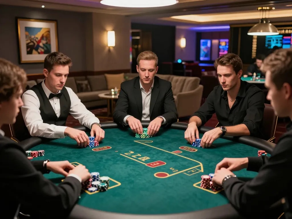 Players strategizing at a poker table in a luxurious setting, focused on winning at 79win.
